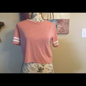 Cropped pink with white stripes tee shirt